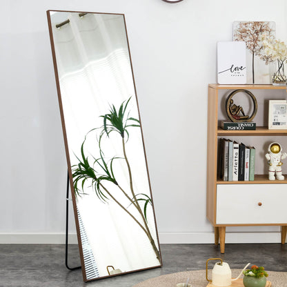 Wall Mounted Solid Wood Frame Full Length Dressing Mirror with Stand- Brown_2