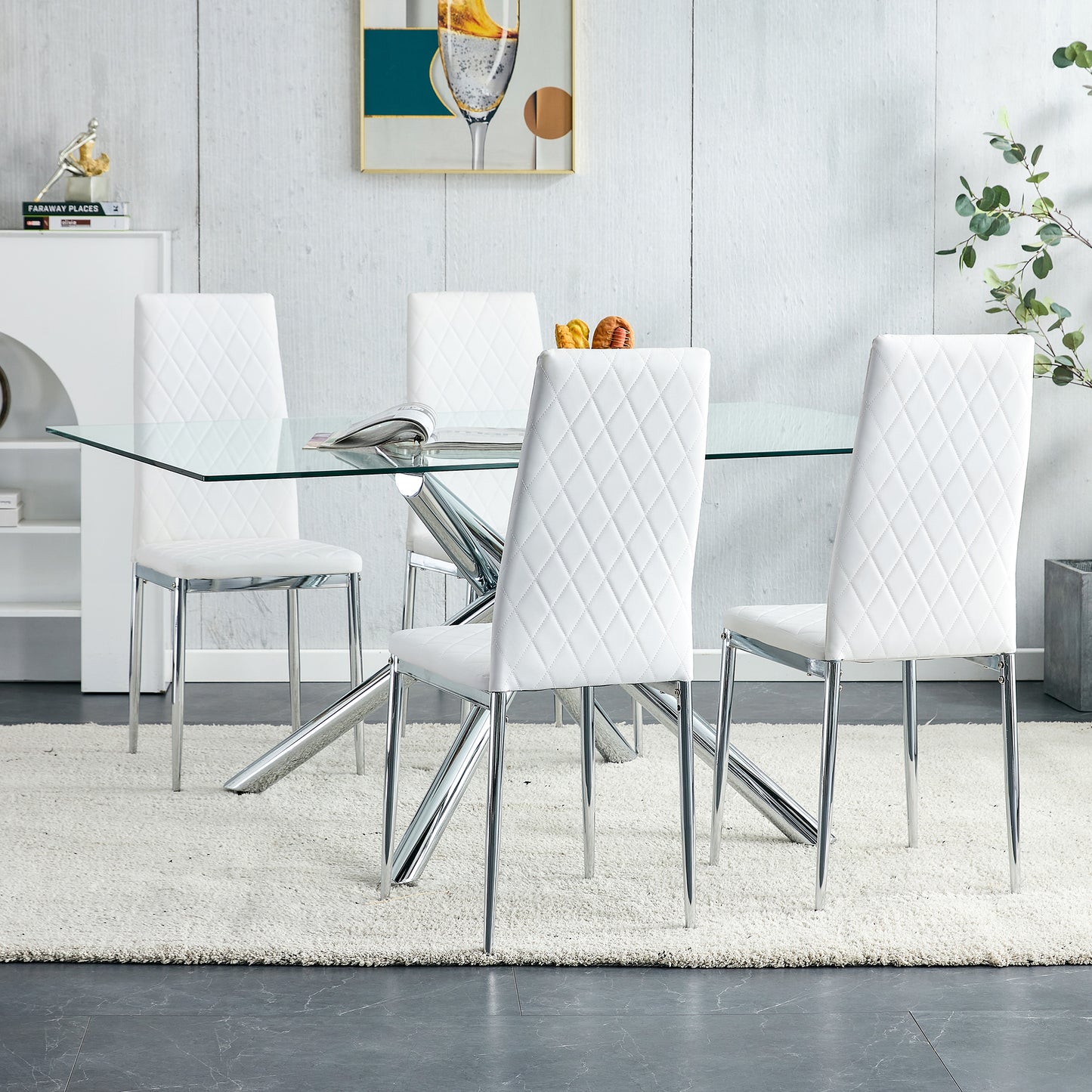 4 pcs Checkered Armless Faux Leather High Back Upholstered Padded Dining Chairs- White_6