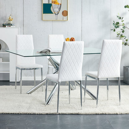 4 pcs Checkered Armless Faux Leather High Back Upholstered Padded Dining Chairs- White_6