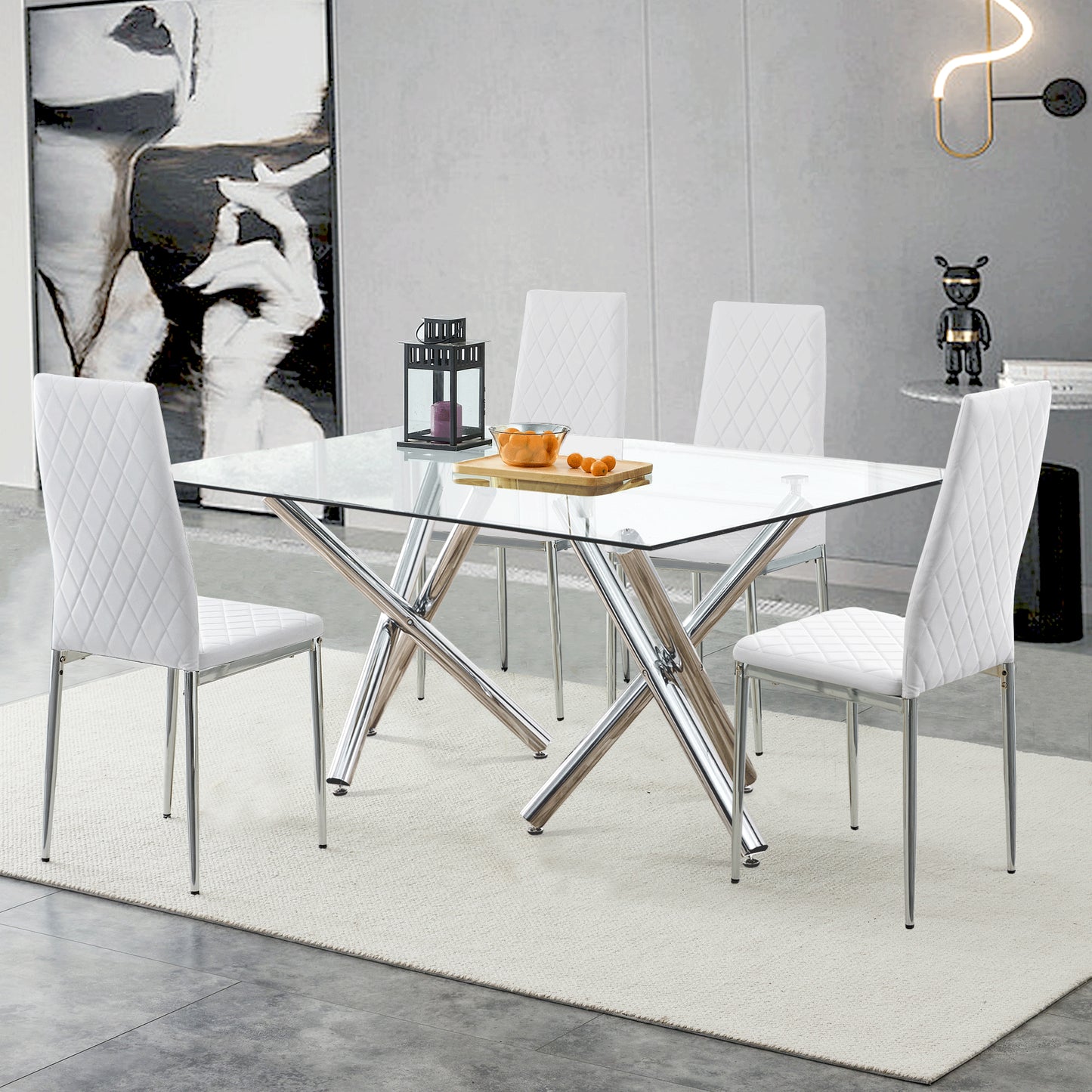 4 pcs Checkered Armless Faux Leather High Back Upholstered Padded Dining Chairs- White_7