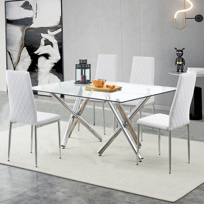 4 pcs Checkered Armless Faux Leather High Back Upholstered Padded Dining Chairs- White_7