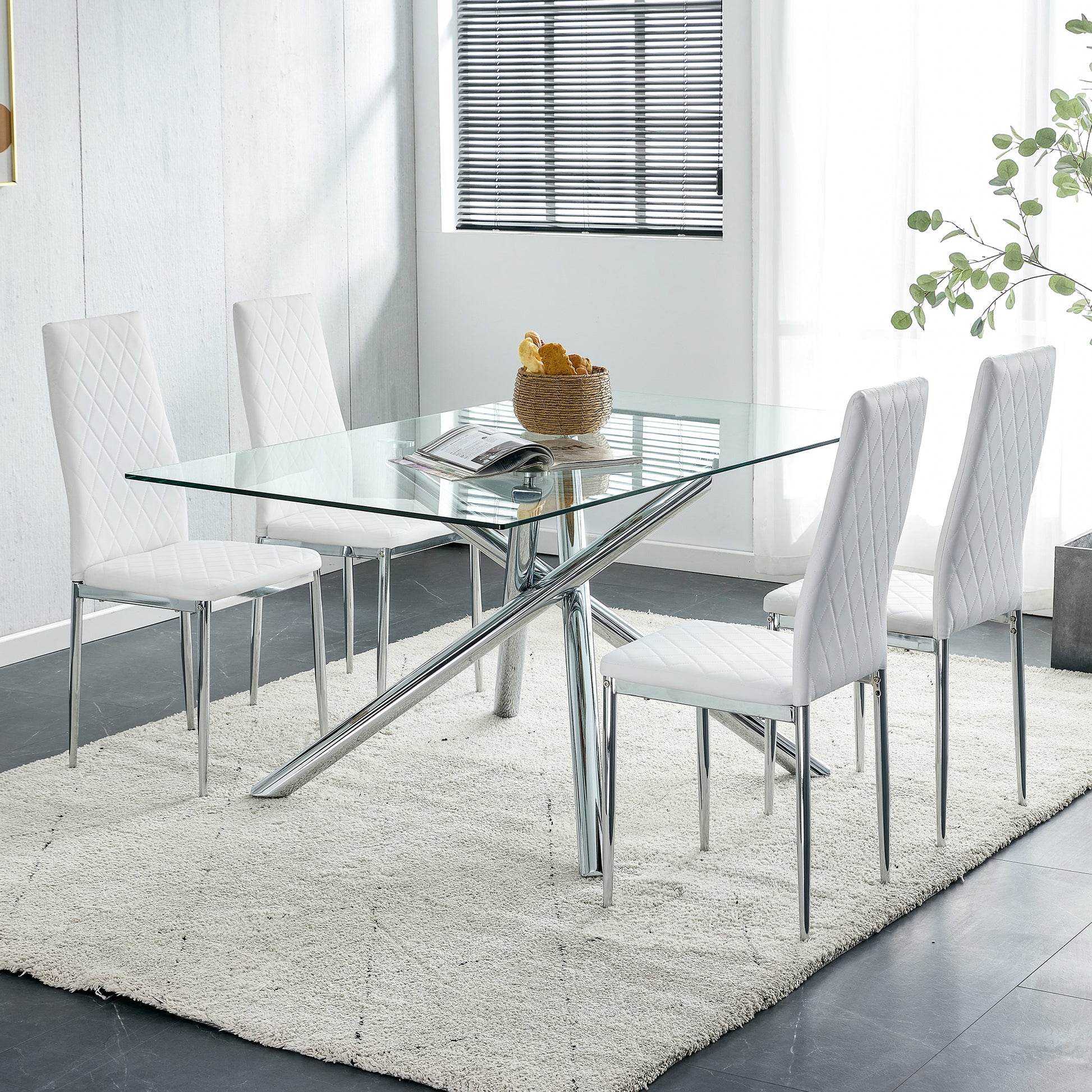 4 pcs Checkered Armless Faux Leather High Back Upholstered Padded Dining Chairs- White_4