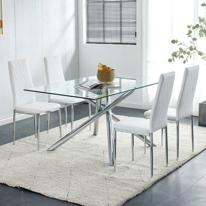 4 pcs Checkered Armless Faux Leather High Back Upholstered Padded Dining Chairs- White_4