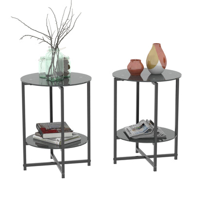 2 pcs Modern Designed Tempered Glass Round Coffee and End Table- Black_5