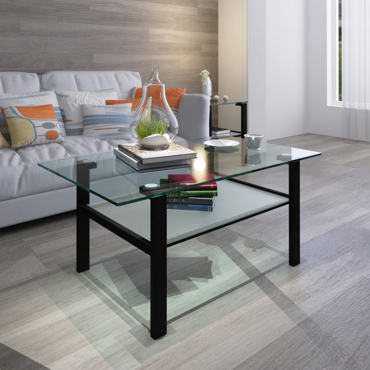 Double Layer Living Room Glass Coffee Table with Metal Legs- Transparent+Black_1
