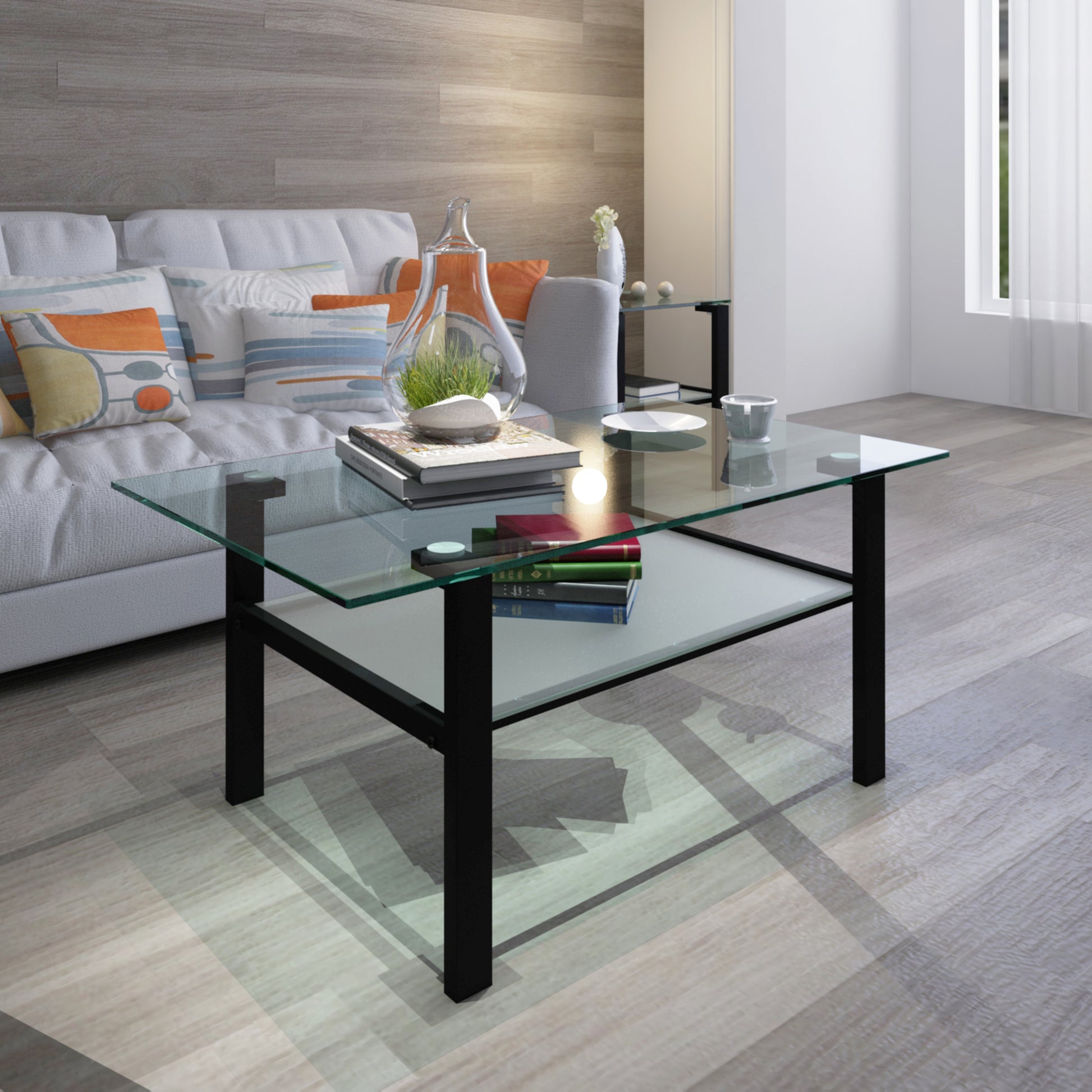 Double Layer Living Room Glass Coffee Table with Metal Legs- Transparent+Black_1