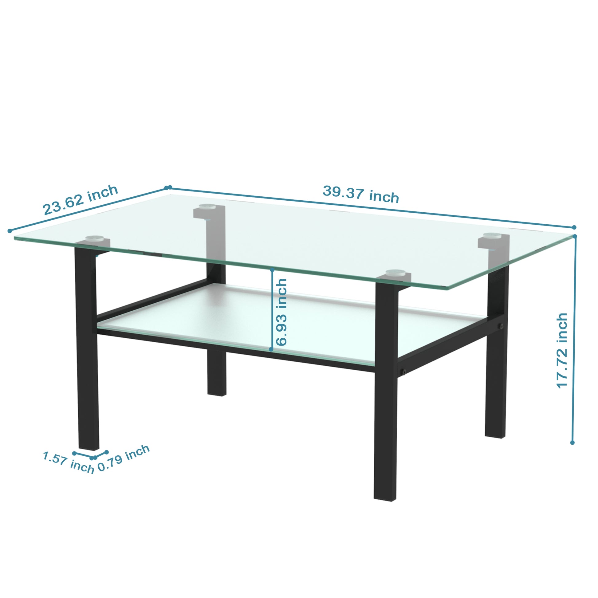 Double Layer Living Room Glass Coffee Table with Metal Legs- Transparent+Black_5