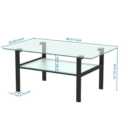Double Layer Living Room Glass Coffee Table with Metal Legs- Transparent+Black_5