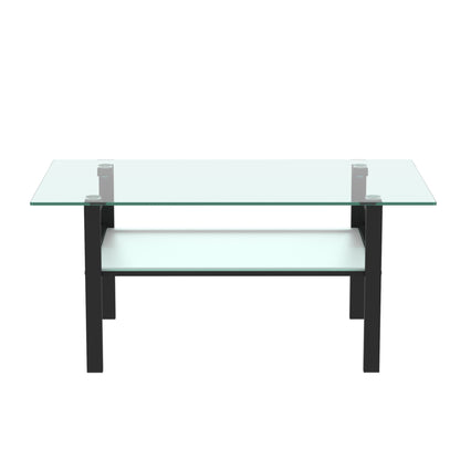 Double Layer Living Room Glass Coffee Table with Metal Legs- Transparent+Black_6