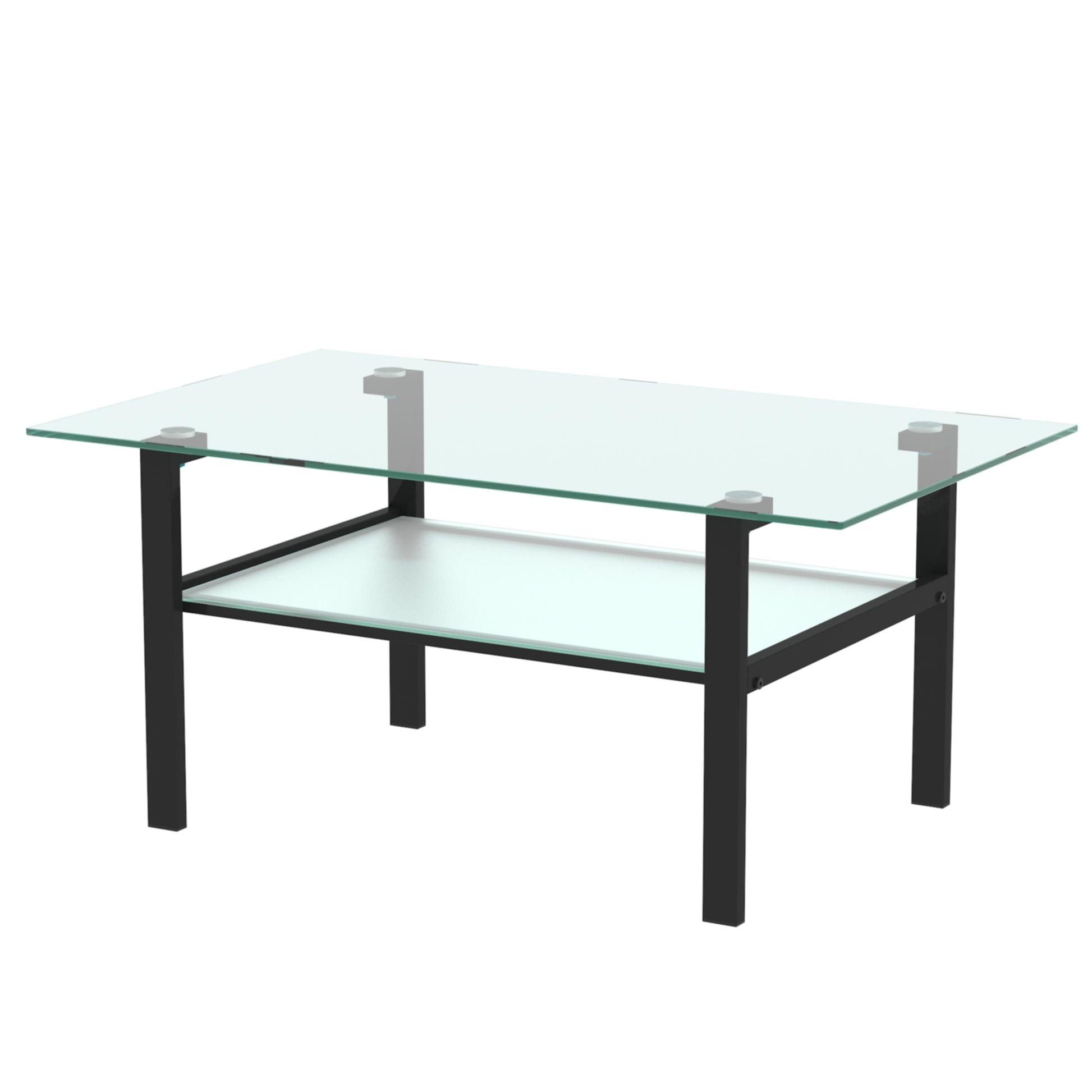 Double Layer Living Room Glass Coffee Table with Metal Legs- Transparent+Black_4