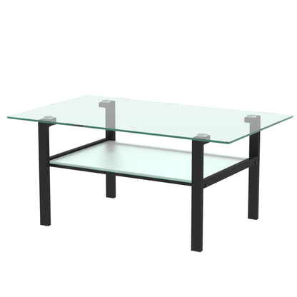 Double Layer Living Room Glass Coffee Table with Metal Legs- Transparent+Black_4