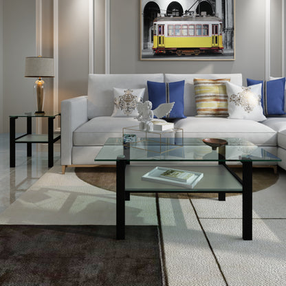 Double Layer Living Room Glass Coffee Table with Metal Legs- Transparent+Black_2