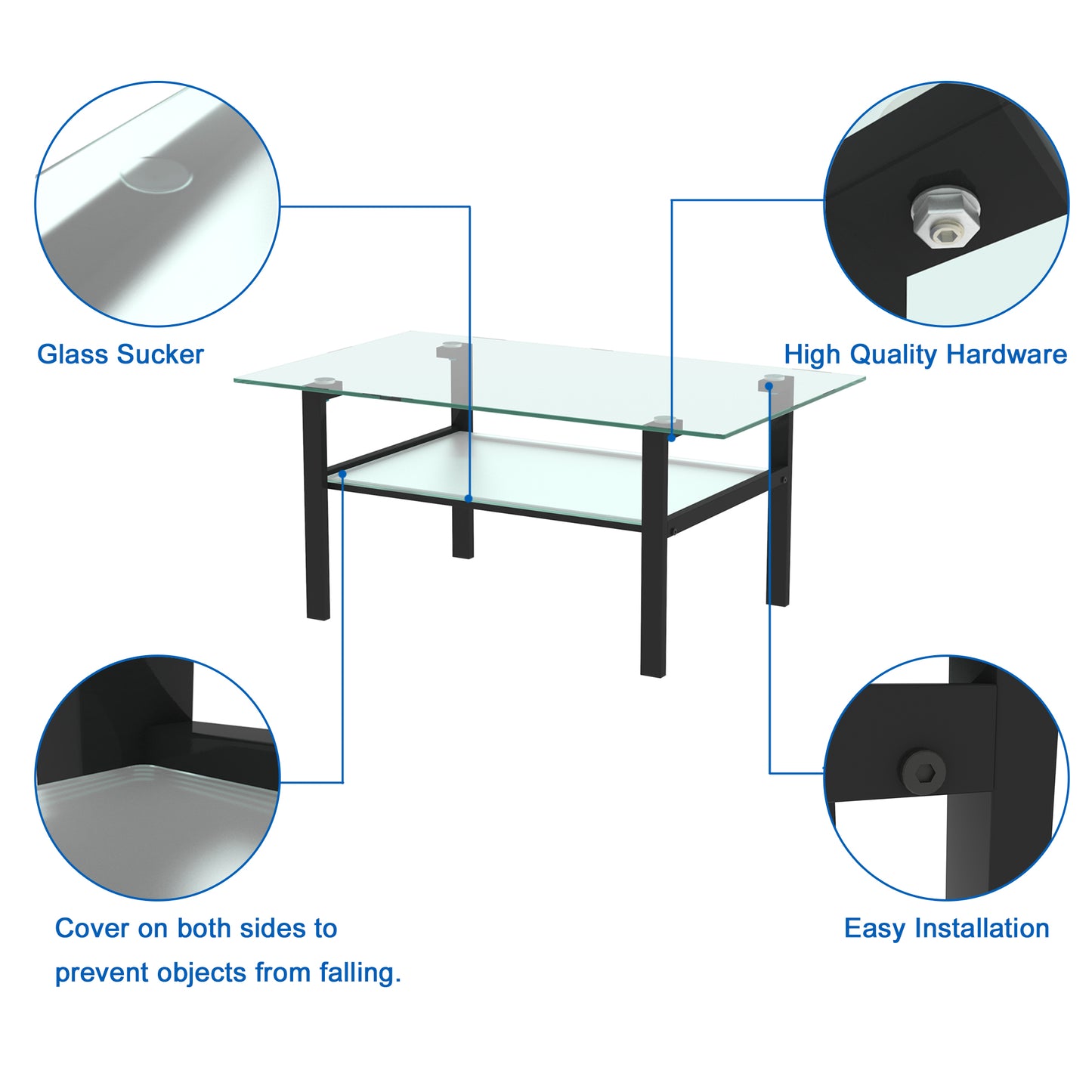 Double Layer Living Room Glass Coffee Table with Metal Legs- Transparent+Black_7