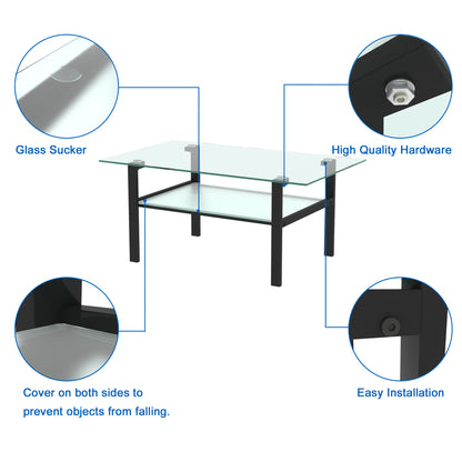 Double Layer Living Room Glass Coffee Table with Metal Legs- Transparent+Black_7