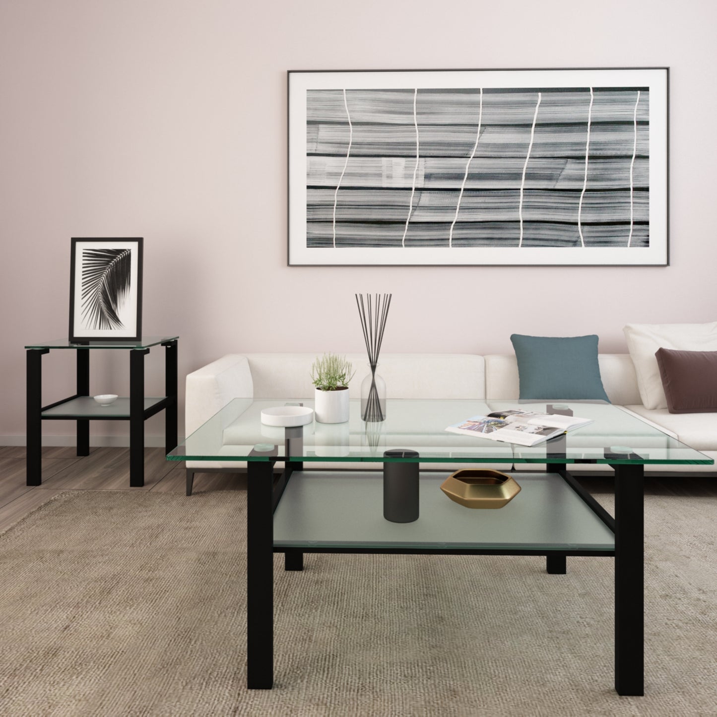 Double Layer Living Room Glass Coffee Table with Metal Legs- Transparent+Black_13