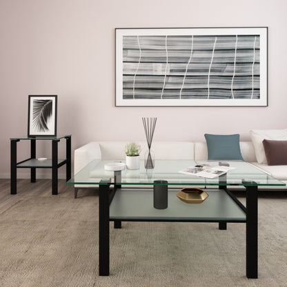 Double Layer Living Room Glass Coffee Table with Metal Legs- Transparent+Black_13