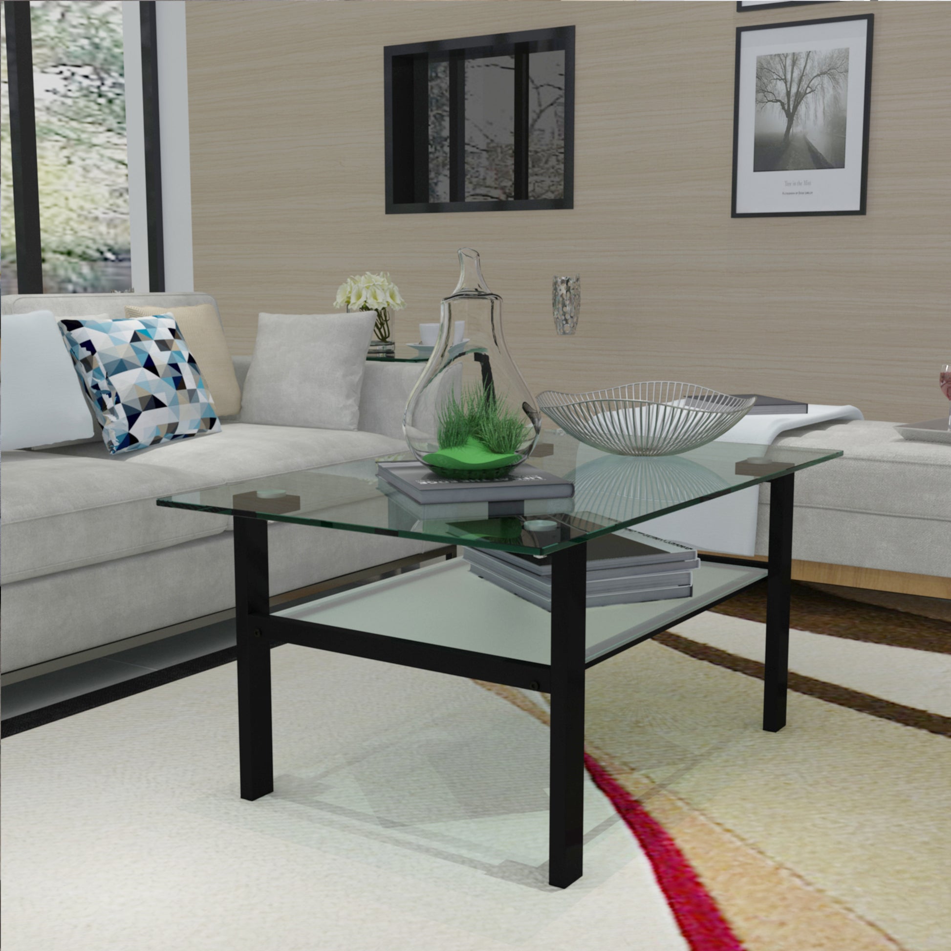 Double Layer Living Room Glass Coffee Table with Metal Legs- Transparent+Black_3
