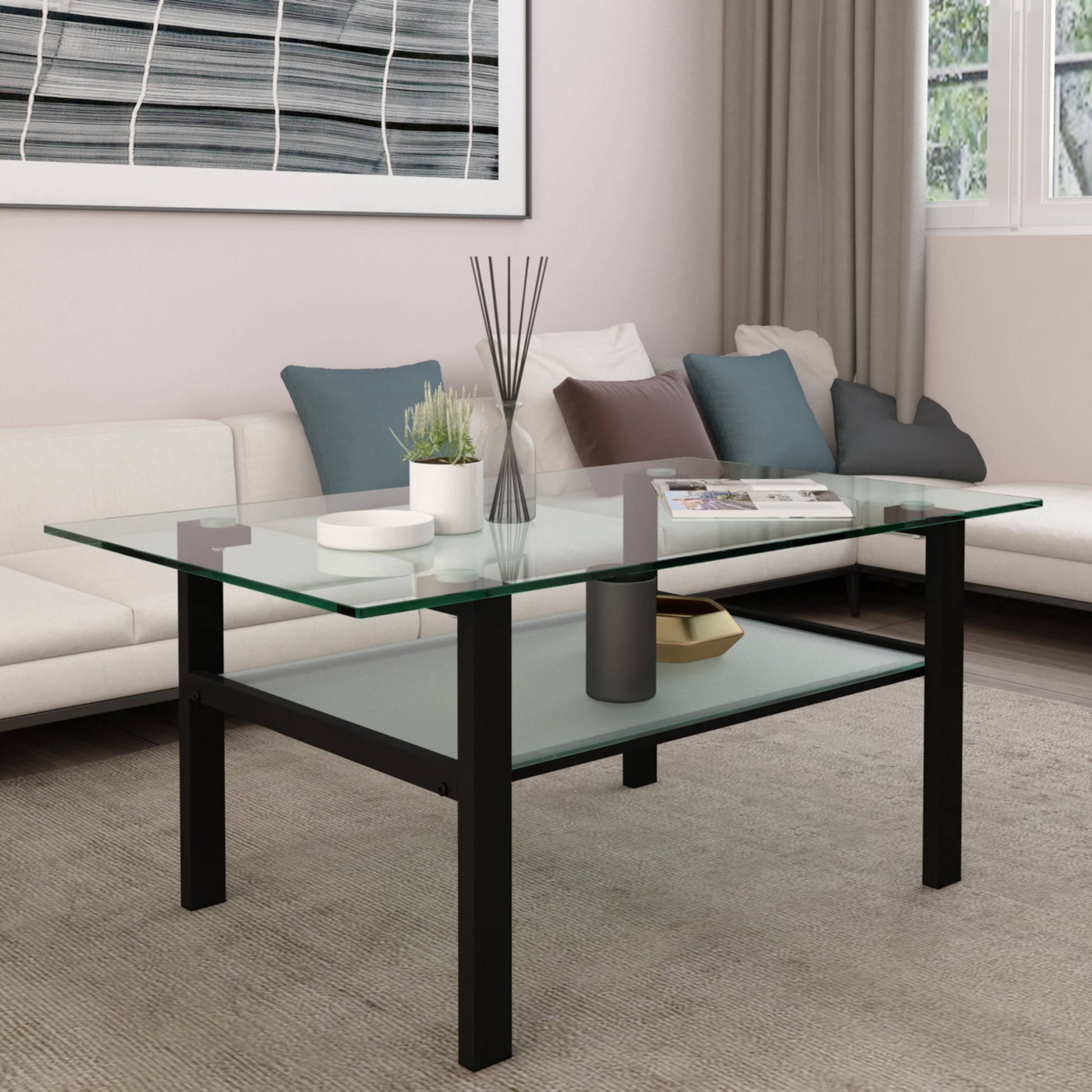 Double Layer Living Room Glass Coffee Table with Metal Legs- Transparent+Black_12