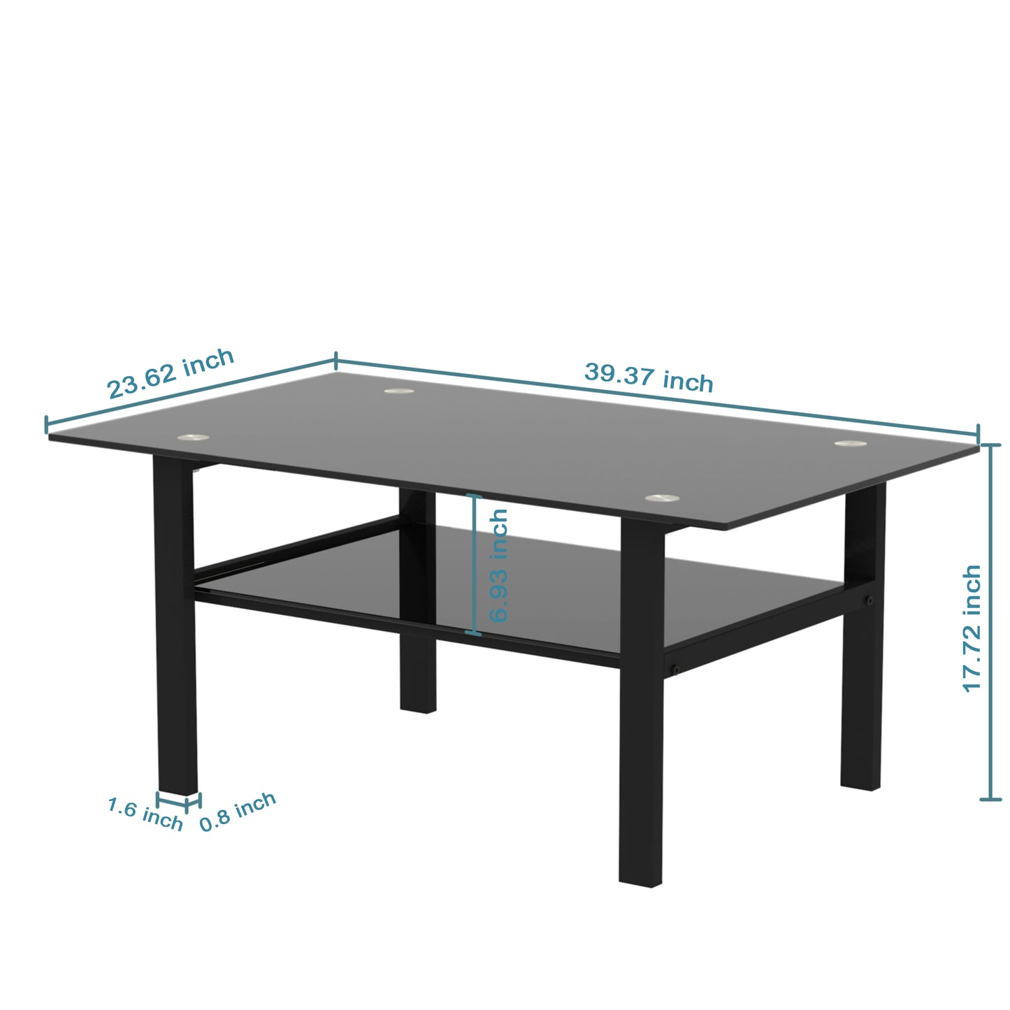 Double Layer Living Room Glass Coffee Table with Metal Legs- Black+Black_10