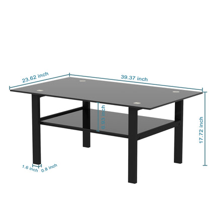 Double Layer Living Room Glass Coffee Table with Metal Legs- Black+Black_10