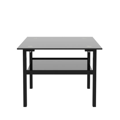 Double Layer Living Room Glass Coffee Table with Metal Legs- Black+Black_3