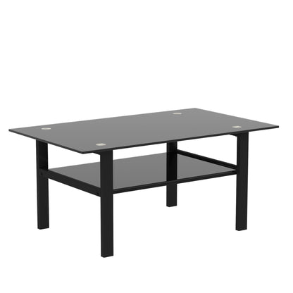 Double Layer Living Room Glass Coffee Table with Metal Legs- Black+Black_5