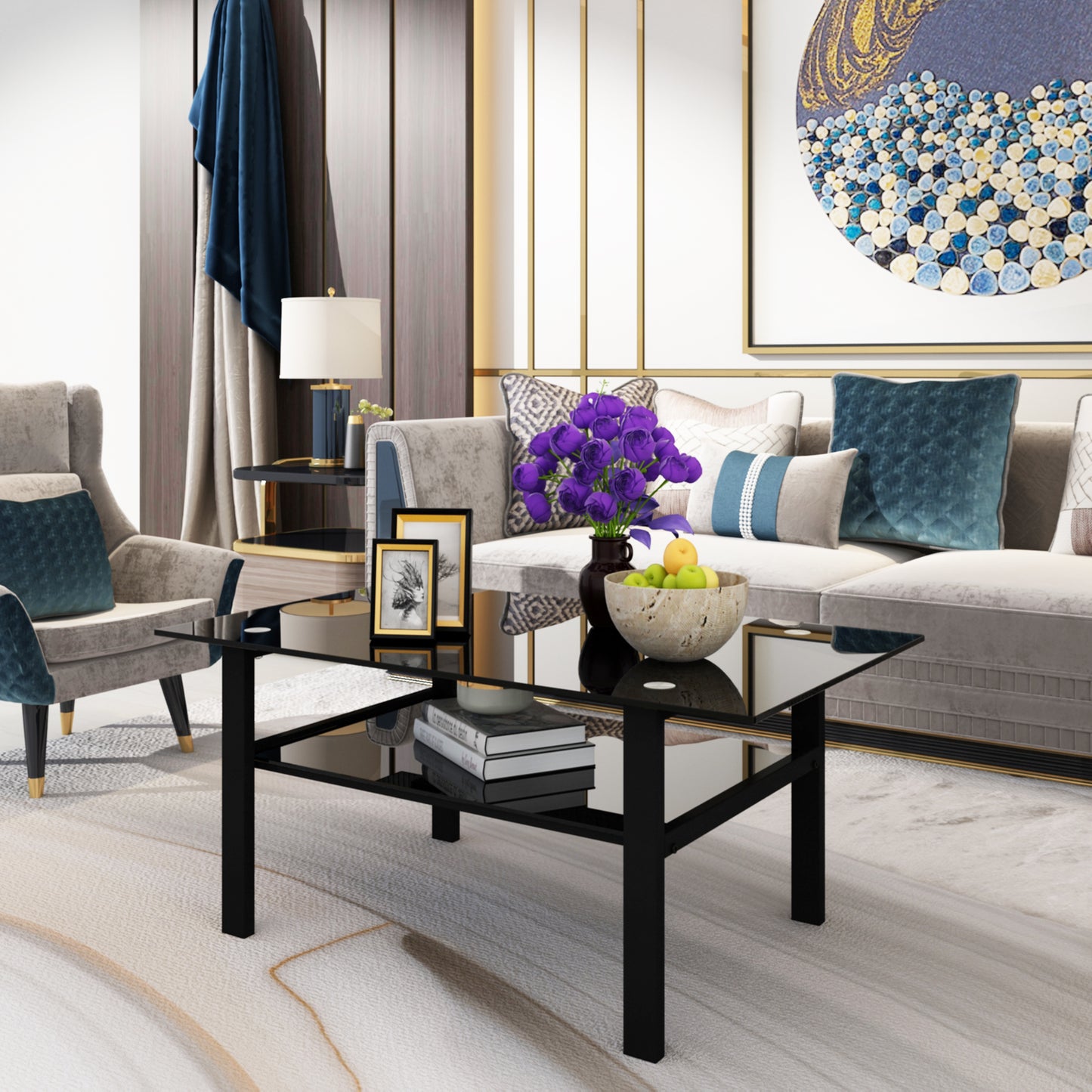 Double Layer Living Room Glass Coffee Table with Metal Legs- Black+Black_2