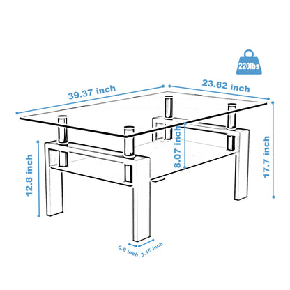 Rectangular Double Layer Living Room Glass Coffee Table with Metal Legs- Clear Glass+Black_11
