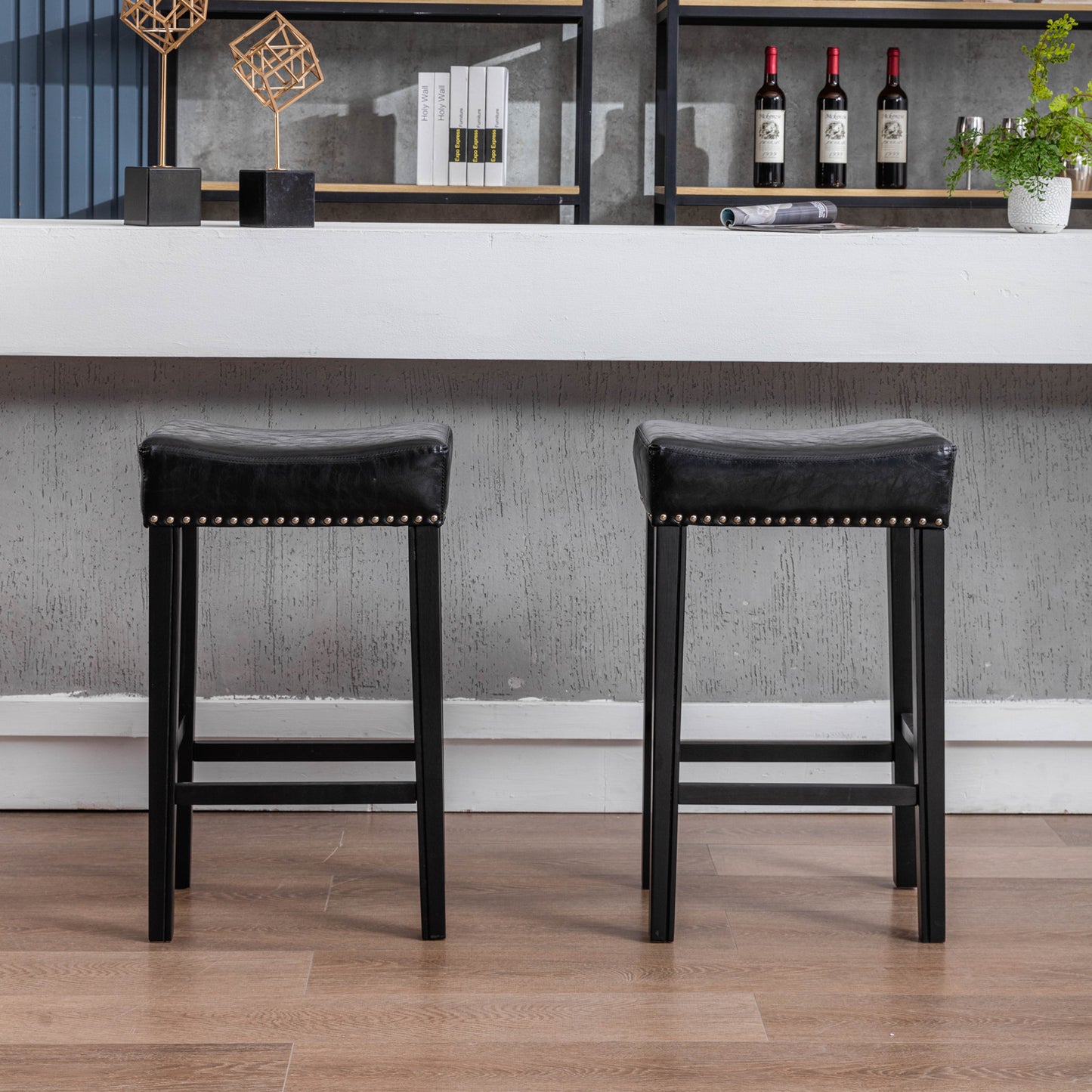 2 pcs 29" Backless Faux Leather Kitchen Counter Soft Sitting Stool Island Chair- Black_9