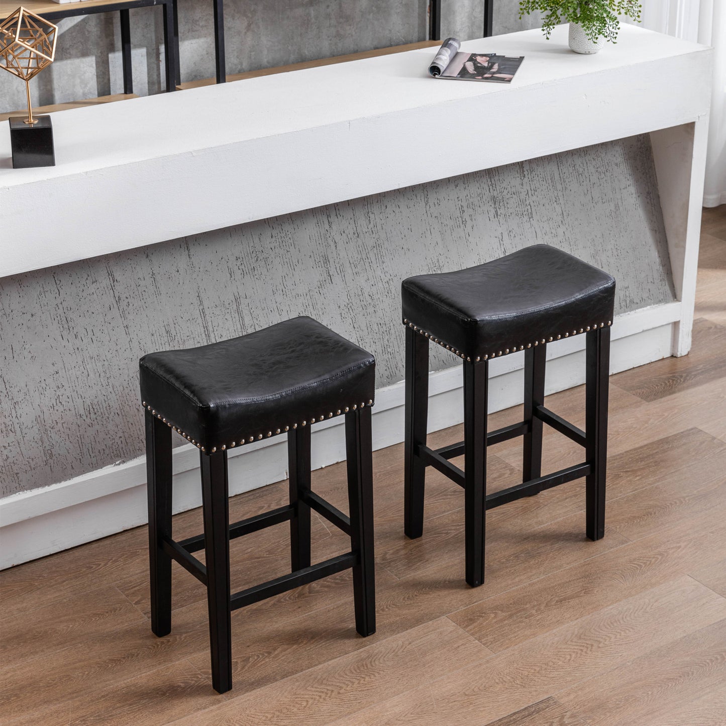 2 pcs 29" Backless Faux Leather Kitchen Counter Soft Sitting Stool Island Chair- Black_0