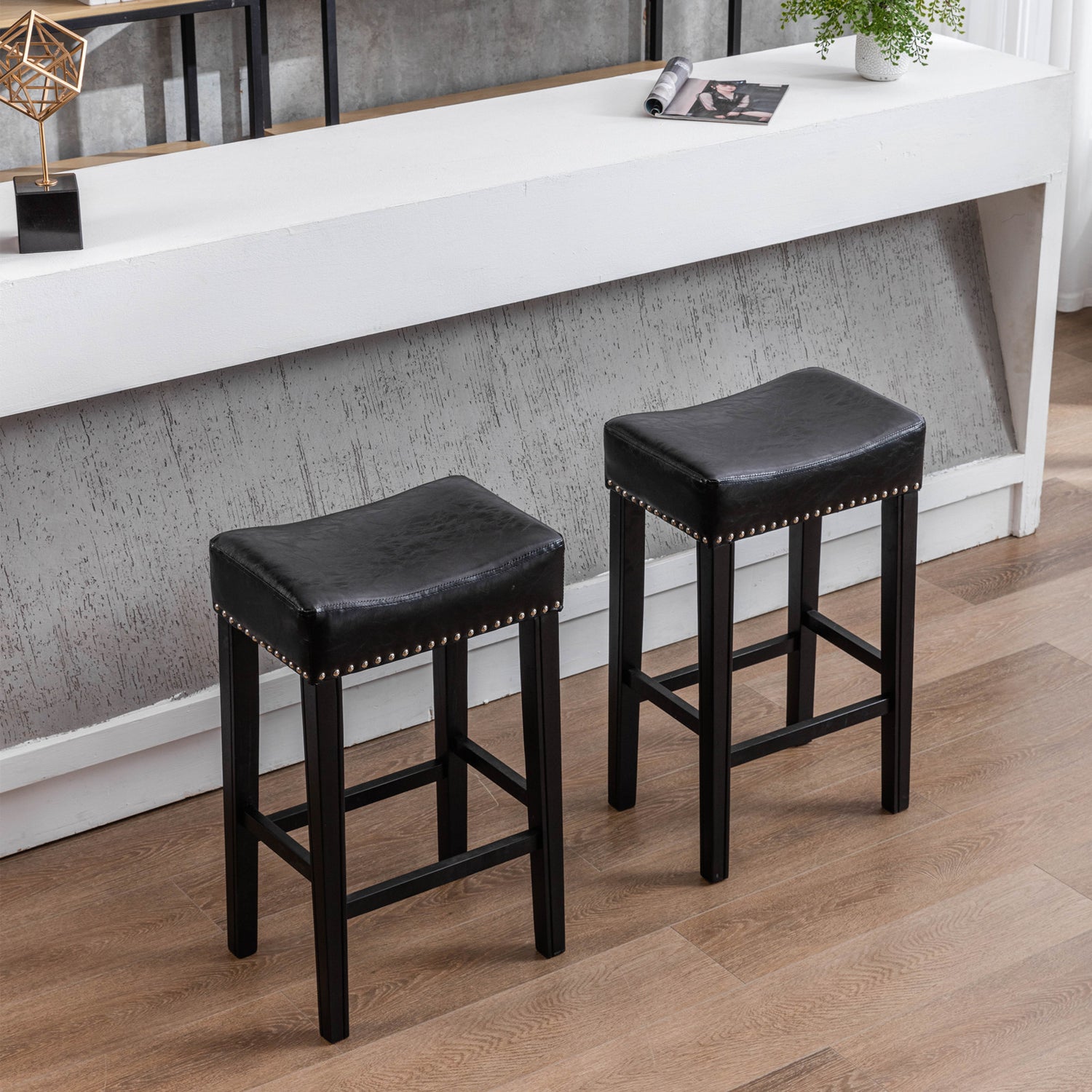 2 pcs 29" Backless Faux Leather Kitchen Counter Soft Sitting Stool Island Chair- Black_0