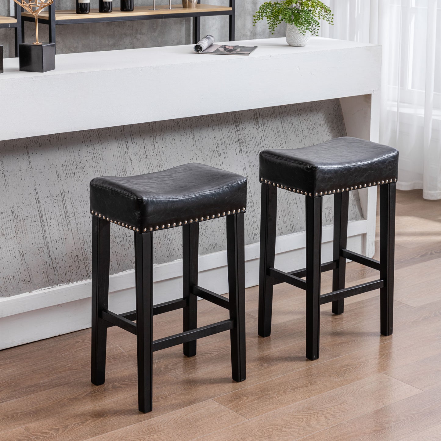 2 pcs 29" Backless Faux Leather Kitchen Counter Soft Sitting Stool Island Chair- Black_1