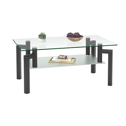 Rectangular Double Layer Tempered Glass Coffee Table with Metal Legs- Clear Glass+Black_3
