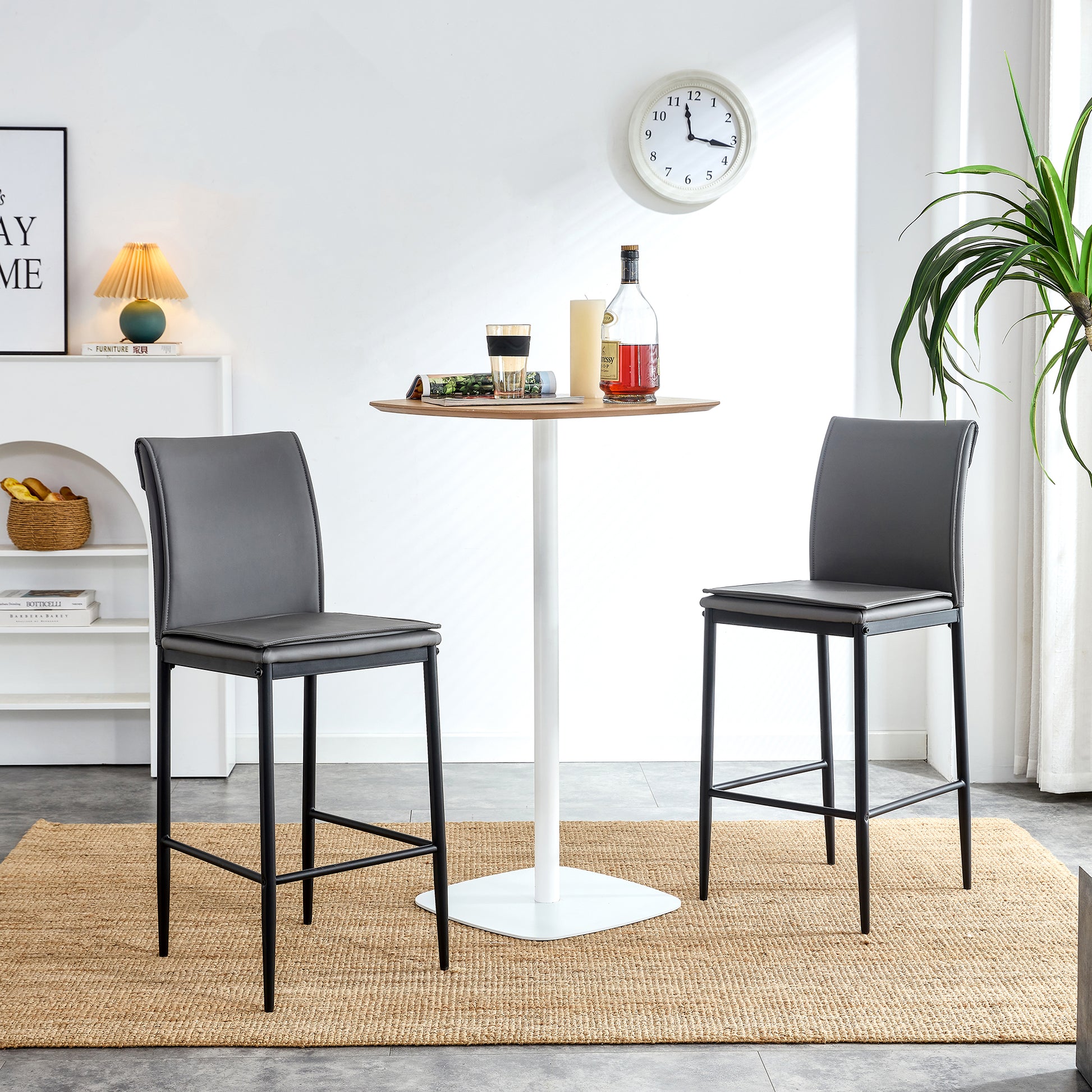 2 Pcs Modern Faux Leather Back Support Bar Chairs with Metal Legs- Grey_1
