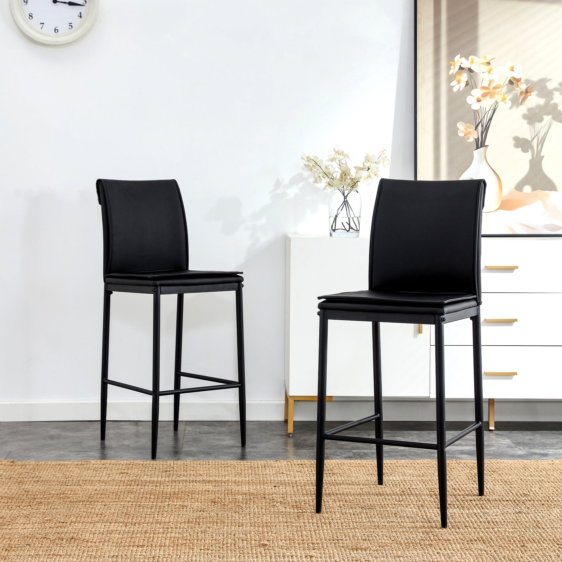 2 Pcs Modern Faux Leather Back Support Bar Chairs with Metal Legs- Black_3
