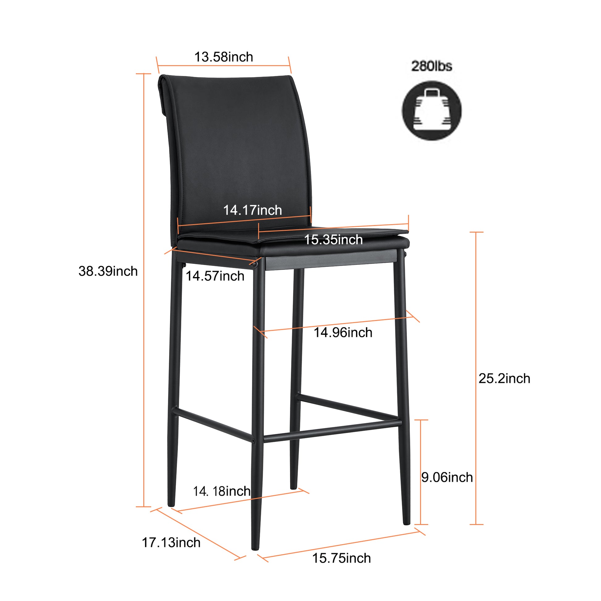 2 Pcs Modern Faux Leather Back Support Bar Chairs with Metal Legs- Black_4