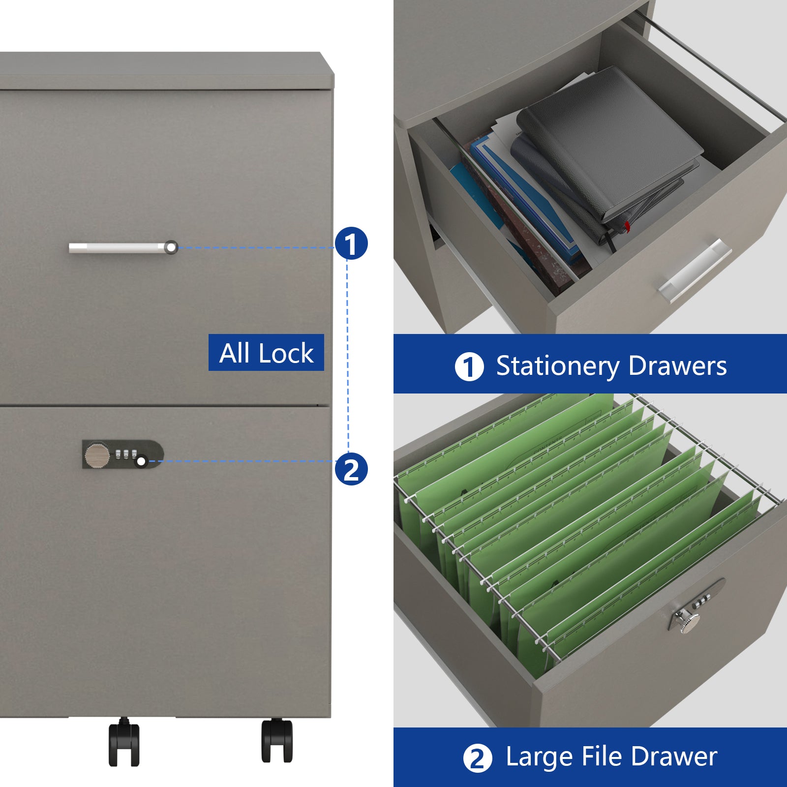 2 Drawers Small Rolling File Office Cabinet Organizer with Lock- Antique Gray_8