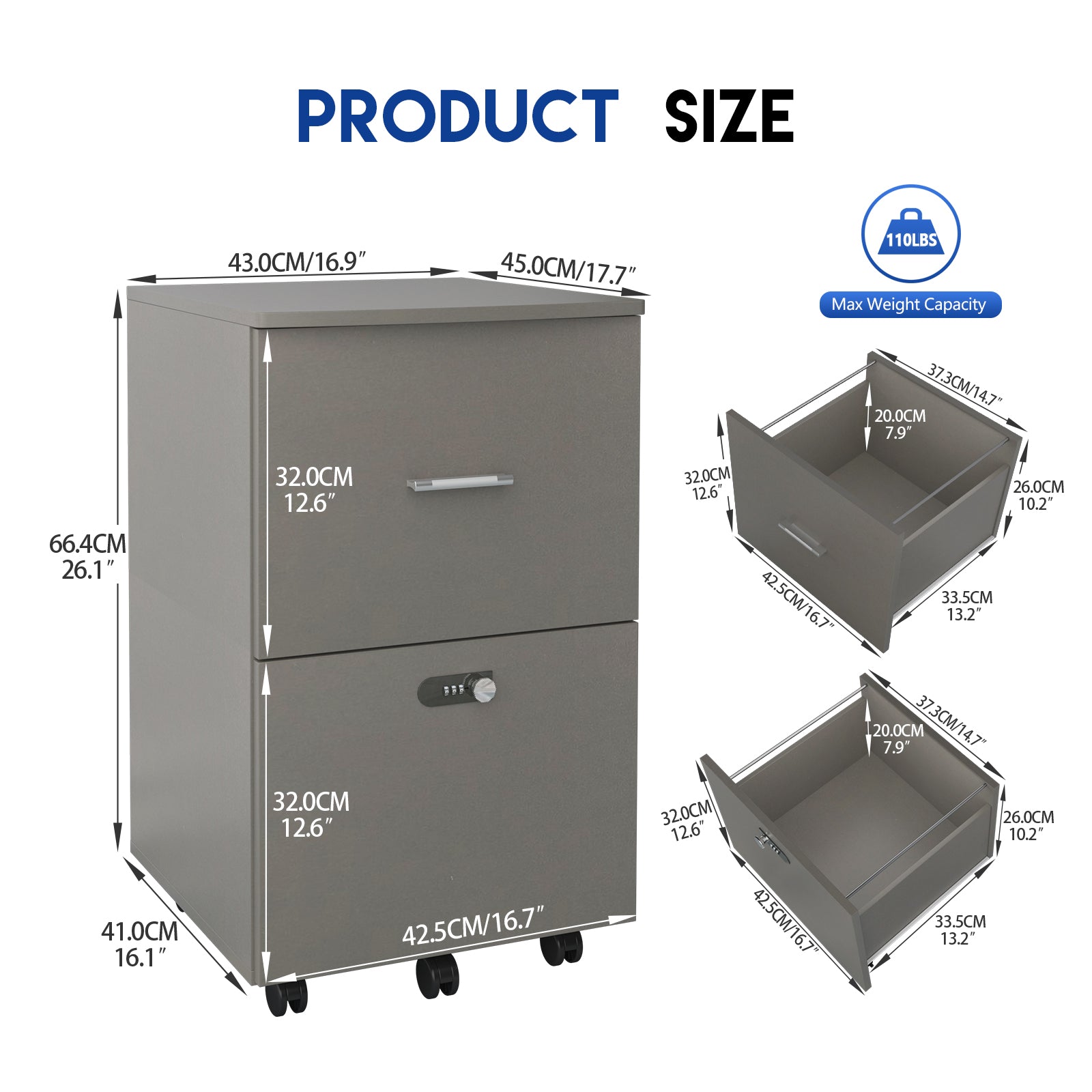 2 Drawers Small Rolling File Office Cabinet Organizer with Lock- Antique Gray_6