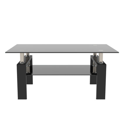 Rectangular Double Layer Tempered Glass Coffee Table with Metal Legs- Black Glass+Black_3