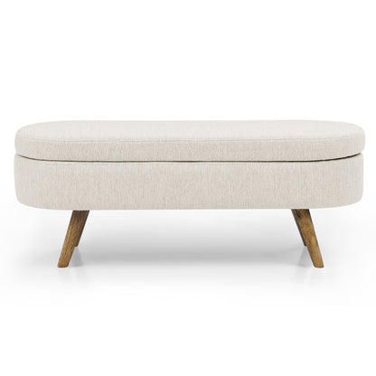 Oval Shaped Ottoman Linen Storage Bench with Wooden Legs- Beige_11