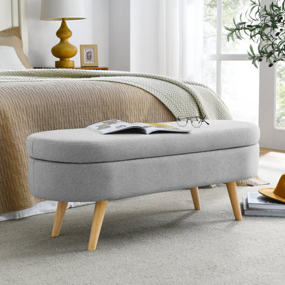 Oval Shaped Ottoman Linen Storage Bench with Wooden Legs- Grey_2