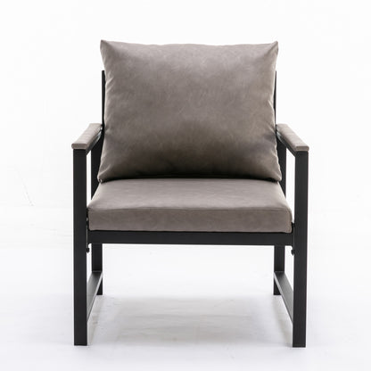 Single Sofa Faux Leather Accent Chair with Black Powder Coated Metal Legs- Gray_2