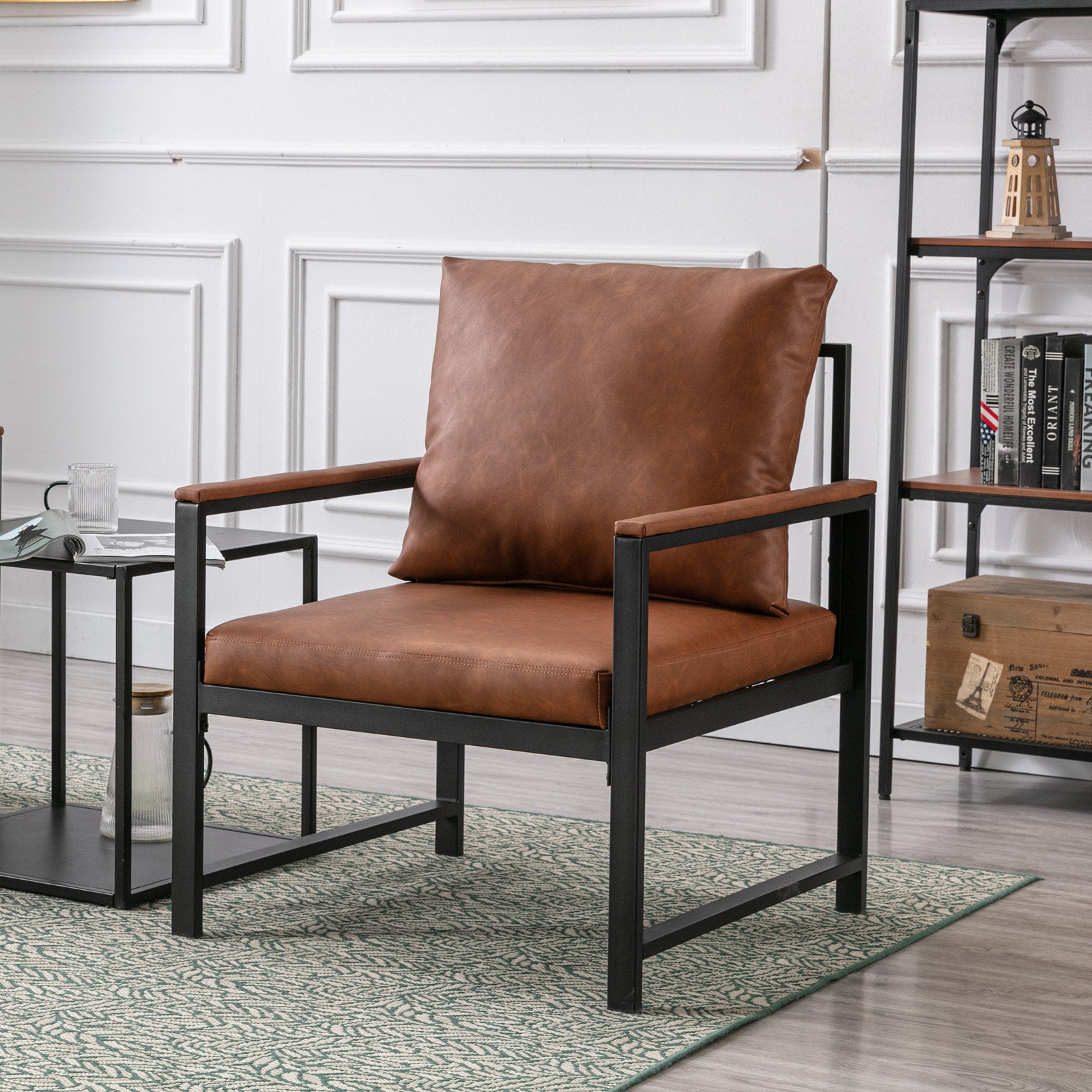 Single Sofa Faux Leather Accent Chair with Black Powder Coated Metal Legs- Orange_1