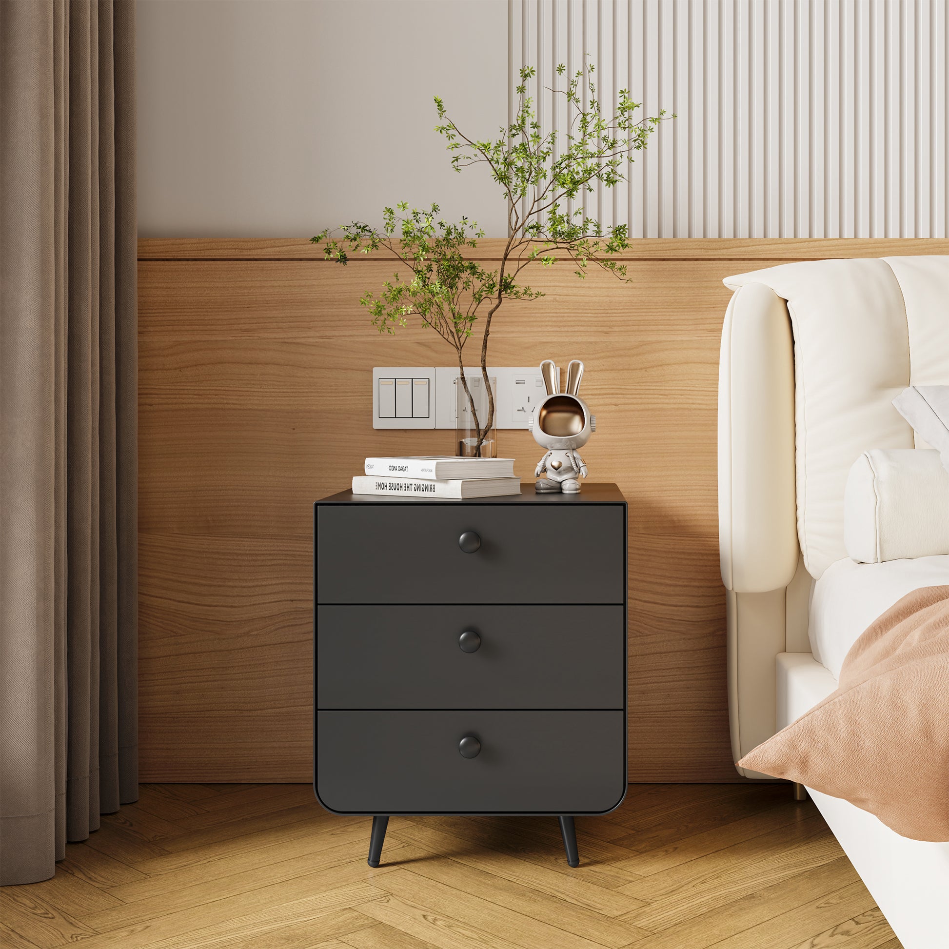 3 Drawers Nordic Minimalist Bedside Steel Cabinet with Round Handle- Black_1