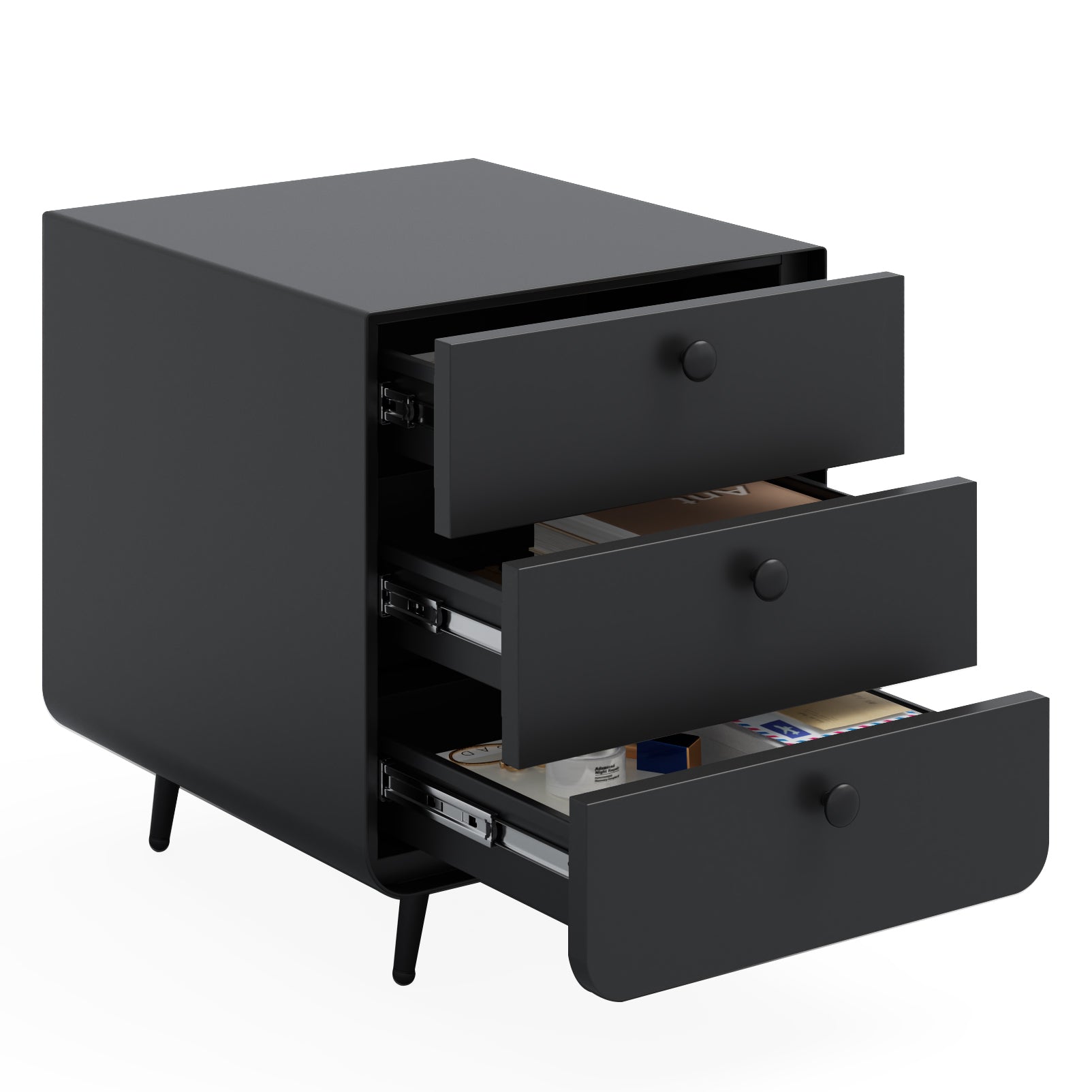 3 Drawers Nordic Minimalist Bedside Steel Cabinet with Round Handle- Black_3