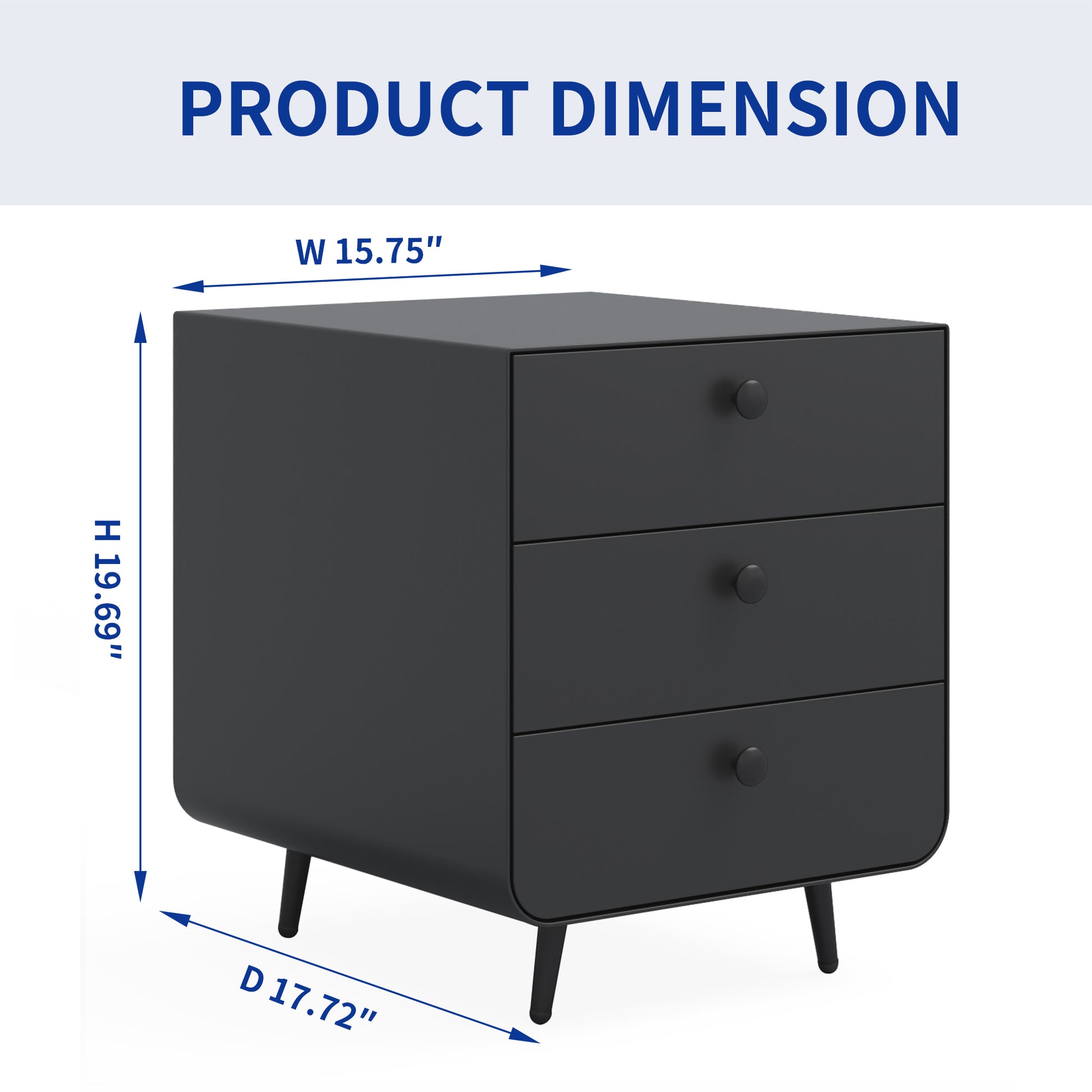 3 Drawers Nordic Minimalist Bedside Steel Cabinet with Round Handle- Black_4