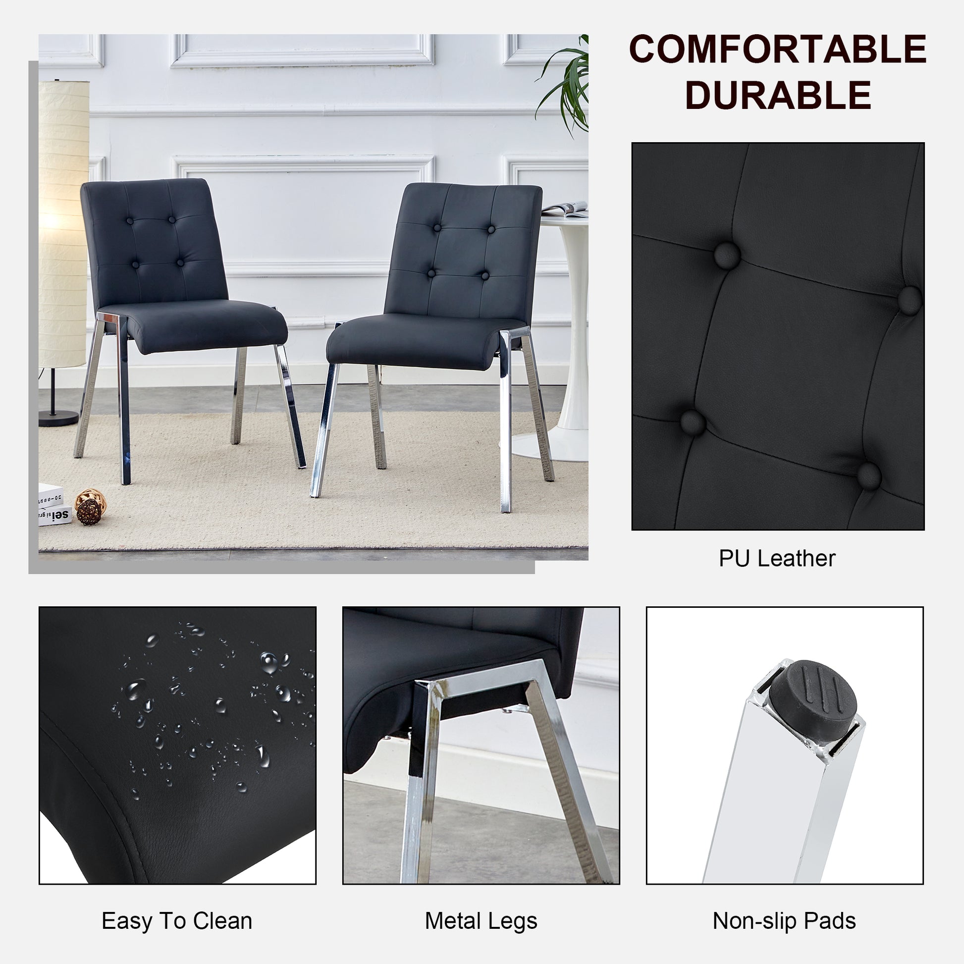 2 pcs Grid Armless Faux Leather High Back Upholstered Padded Dining Chairs- Black_5