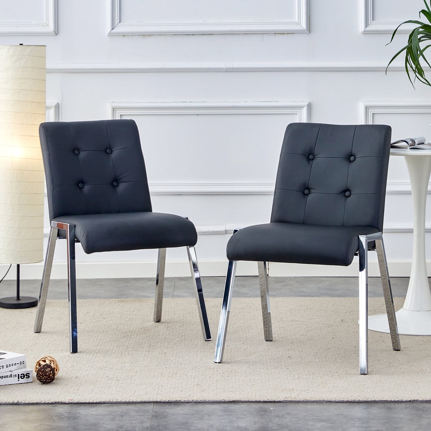 2 pcs Grid Armless Faux Leather High Back Upholstered Padded Dining Chairs- Black_2