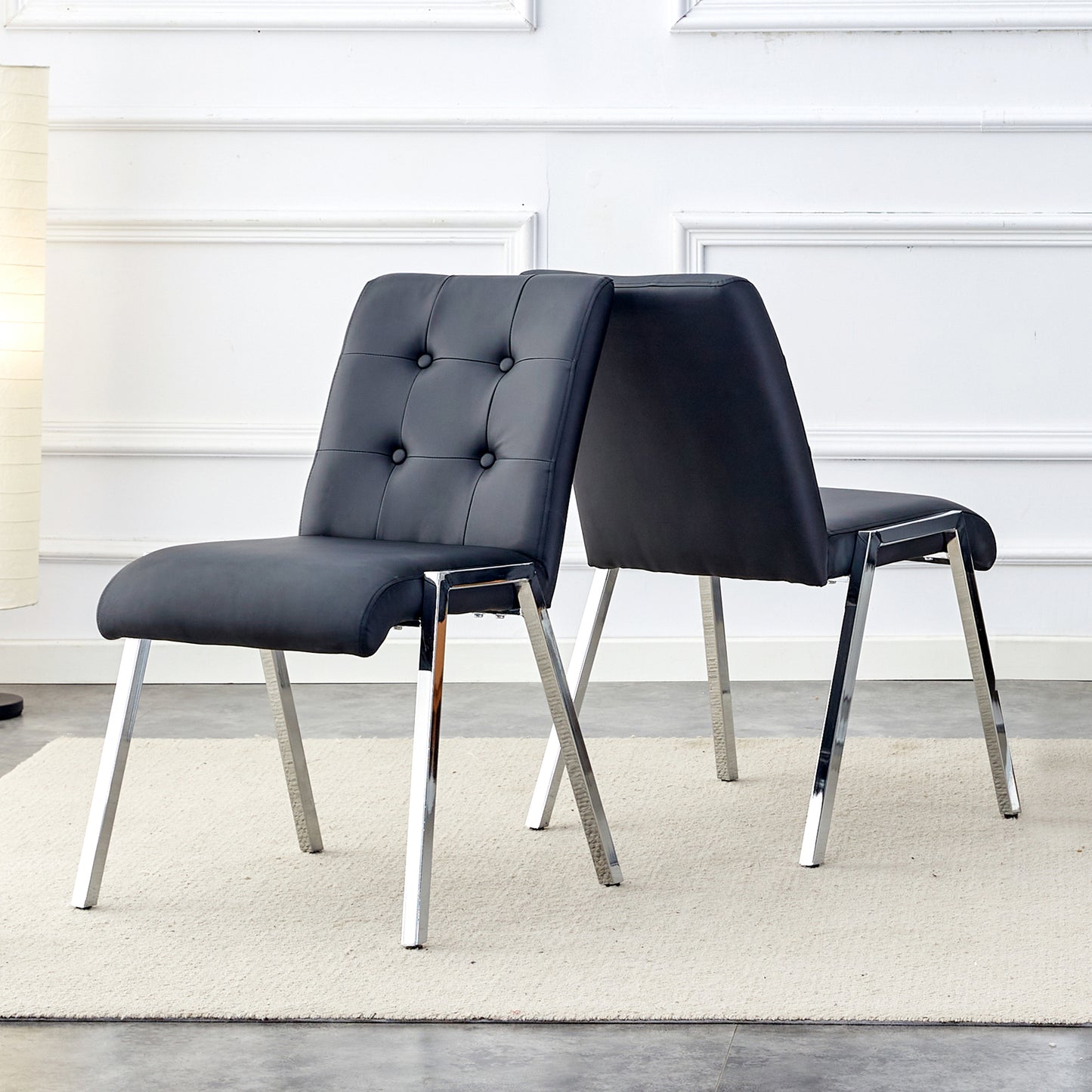 2 pcs Grid Armless Faux Leather High Back Upholstered Padded Dining Chairs- Black_3