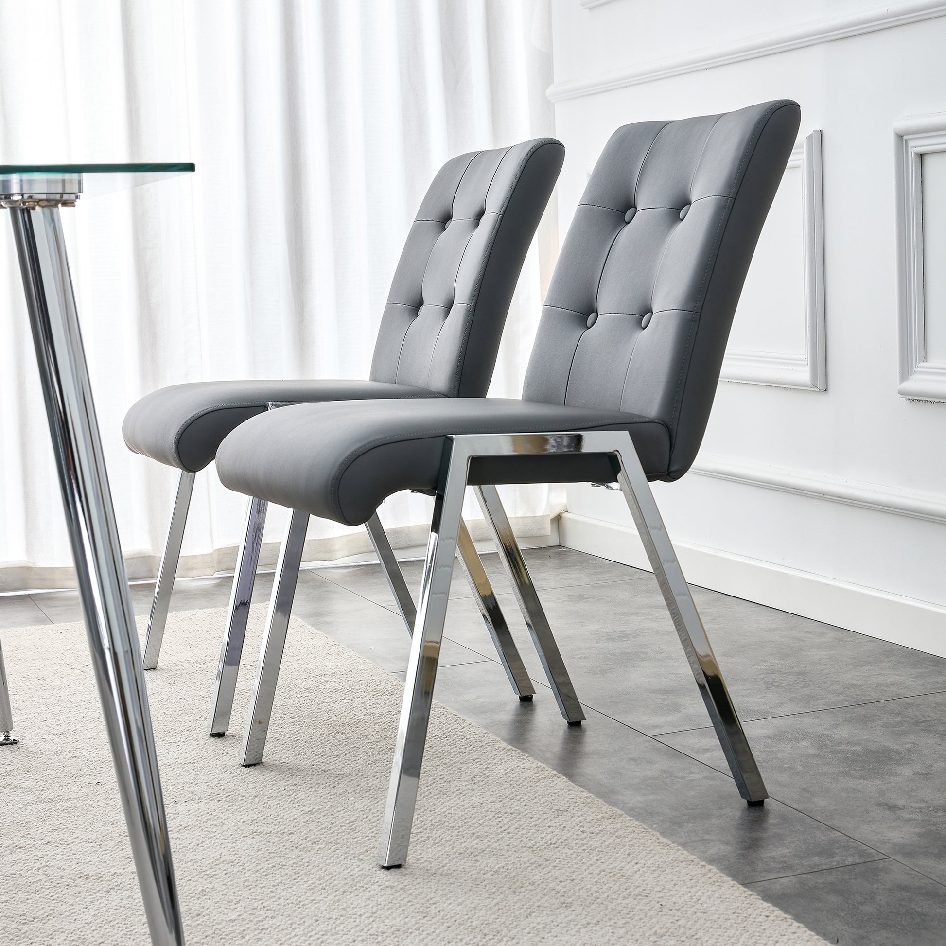 2 pcs Grid Armless Faux Leather High Back Upholstered Padded Dining Chairs- Grey_2